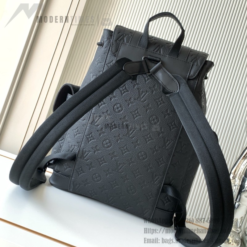 Louis Vuitton Christopher Backpack in Black Taurillon Leather with Monogram Embossing and Side Pockets