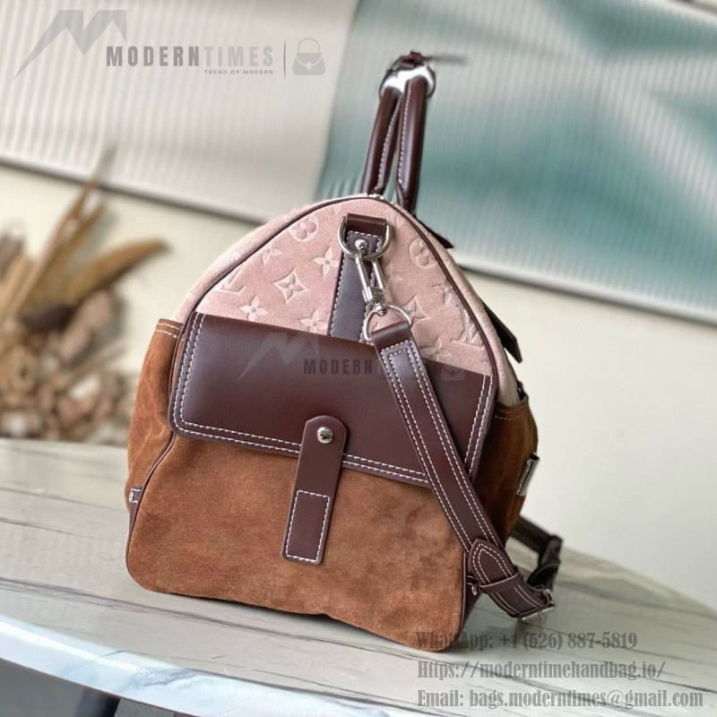 Louis Vuitton Keepall Bandoulière 50 Pharrell Williams x Nigo Edition in Monogram Suede Leather with Climbing Hook Buckle and Metal Plaque