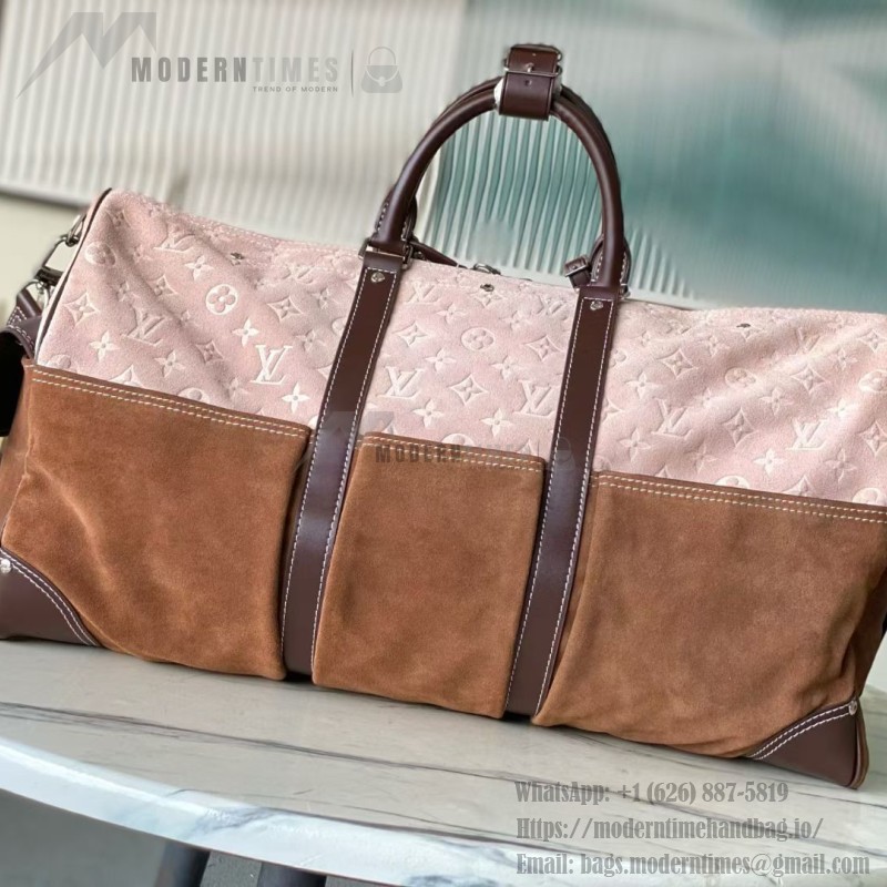Louis Vuitton Keepall Bandoulière 50 Pharrell Williams x Nigo Edition in Monogram Suede Leather with Climbing Hook Buckle and Metal Plaque