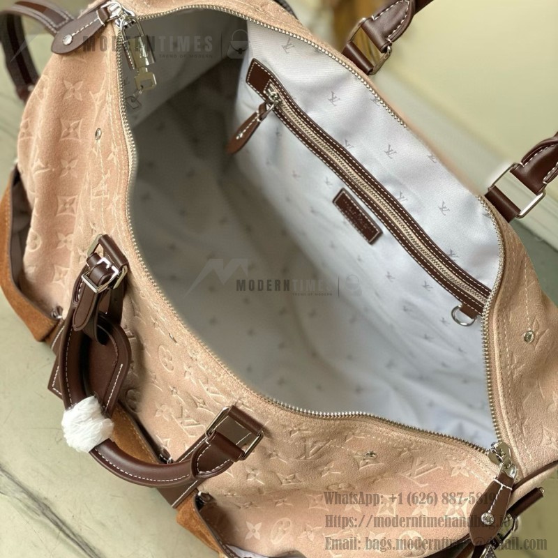Louis Vuitton Keepall Bandoulière 50 Pharrell Williams x Nigo Edition in Monogram Suede Leather with Climbing Hook Buckle and Metal Plaque