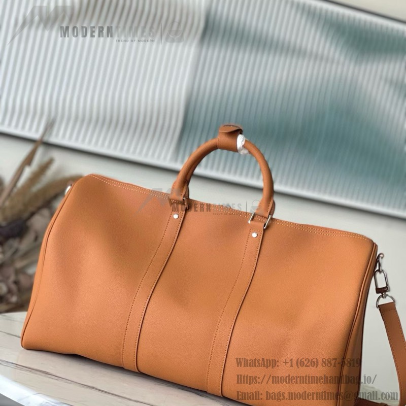 Louis Vuitton Keepall Bandoulière 50 Travel Bag in Caramel Waxed Leather with LV Initials and Antiqued Metal Hardware