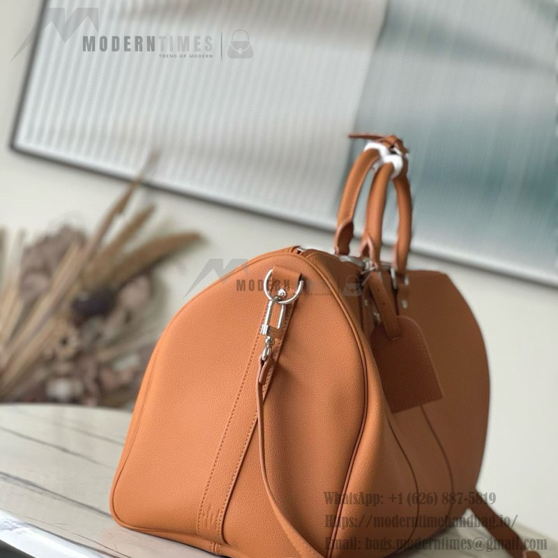Louis Vuitton Keepall Bandoulière 50 Travel Bag in Caramel Waxed Leather with LV Initials and Antiqued Metal Hardware