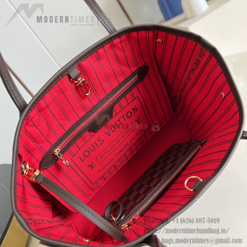 Louis Vuitton Neverfull N40600 Small Tote Bag in Damier Ebene Canvas with Leather Trims