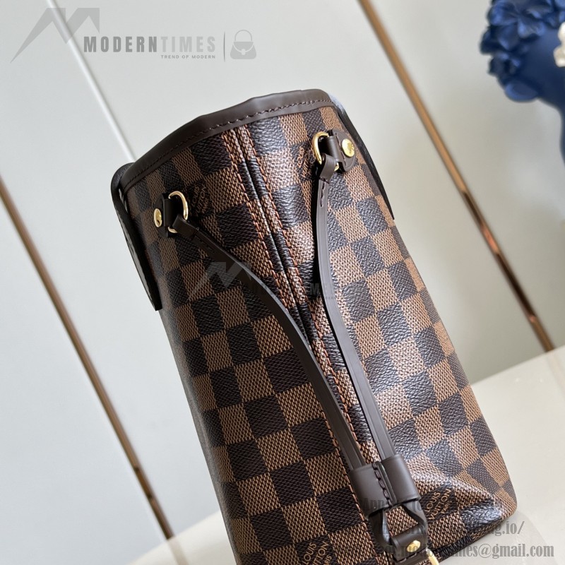 Louis Vuitton Neverfull N40600 Small Tote Bag in Damier Ebene Canvas with Leather Trims