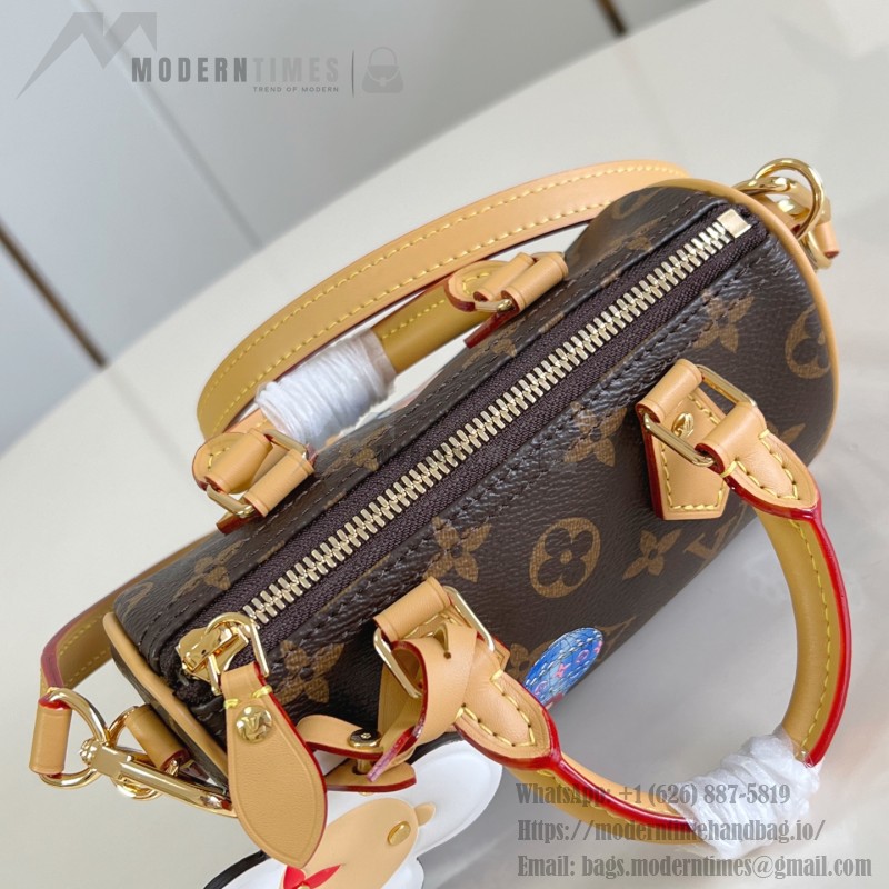 Louis Vuitton Nano Speedy Handbag M15330, Monogram Canvas, Vivienne Illustration and Keychain