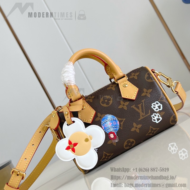 Louis Vuitton Nano Speedy Handbag M15330, Monogram Canvas, Vivienne Illustration and Keychain