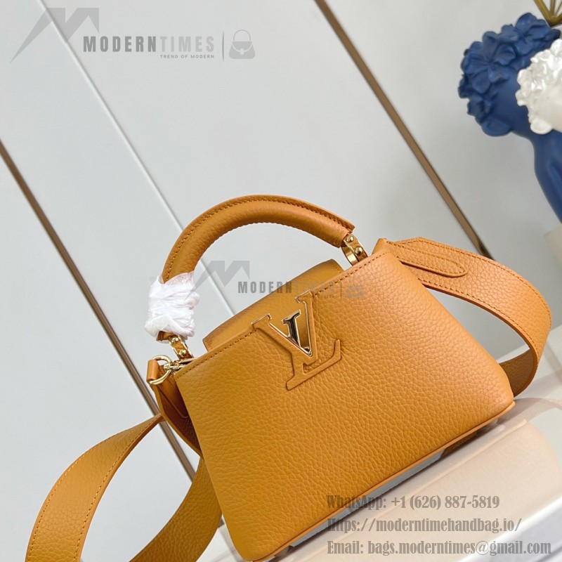 Louis Vuitton Capucines Mini Handbag, M23703, Orange Taurillon Leather, Detachable Shoulder Strap