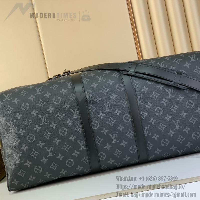 Louis Vuitton Keepall Bandoulière Travel Bag in Monogram Eclipse with Leather Handles and Padlock
