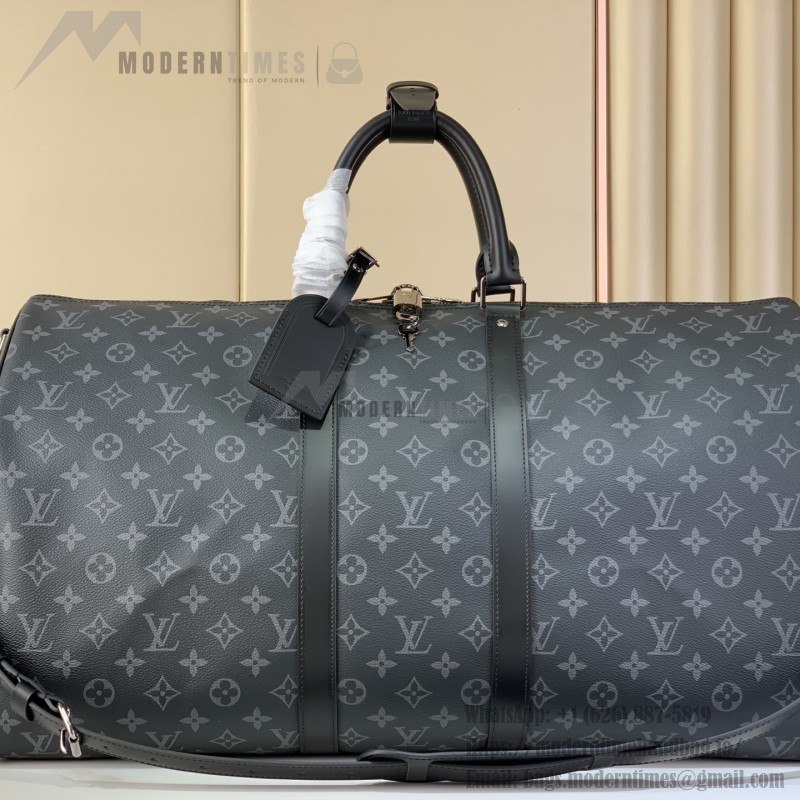 Louis Vuitton Keepall Bandoulière Travel Bag in Monogram Eclipse with Leather Handles and Padlock