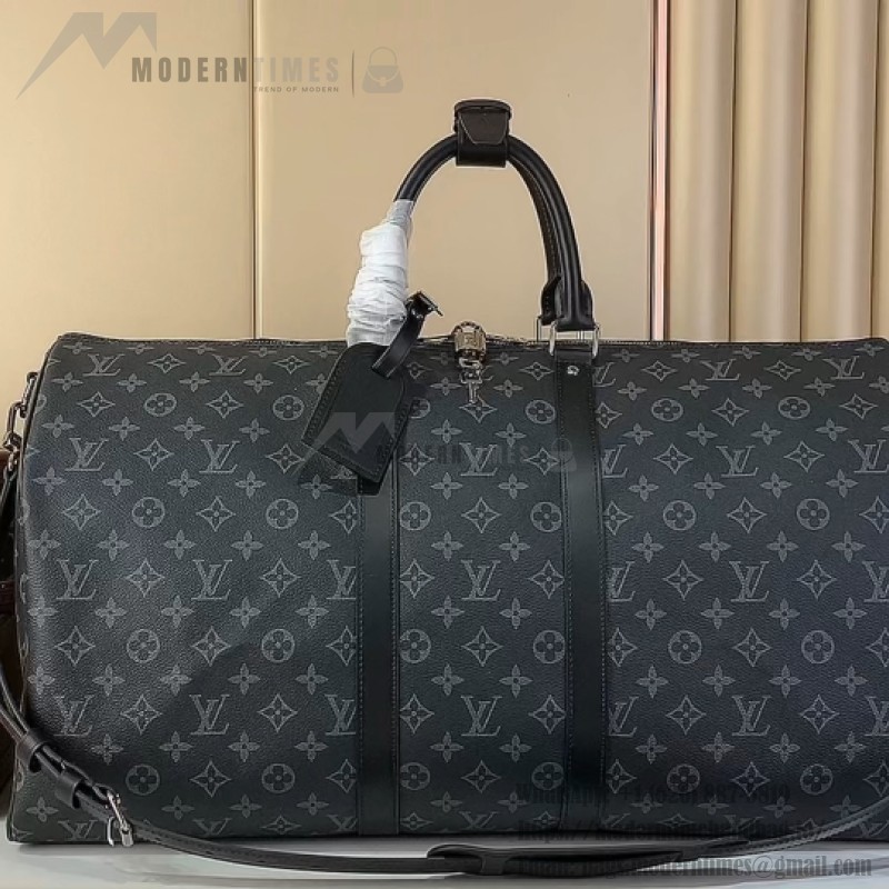 Louis Vuitton Keepall Bandoulière Travel Bag in Monogram Eclipse with Leather Handles and Padlock