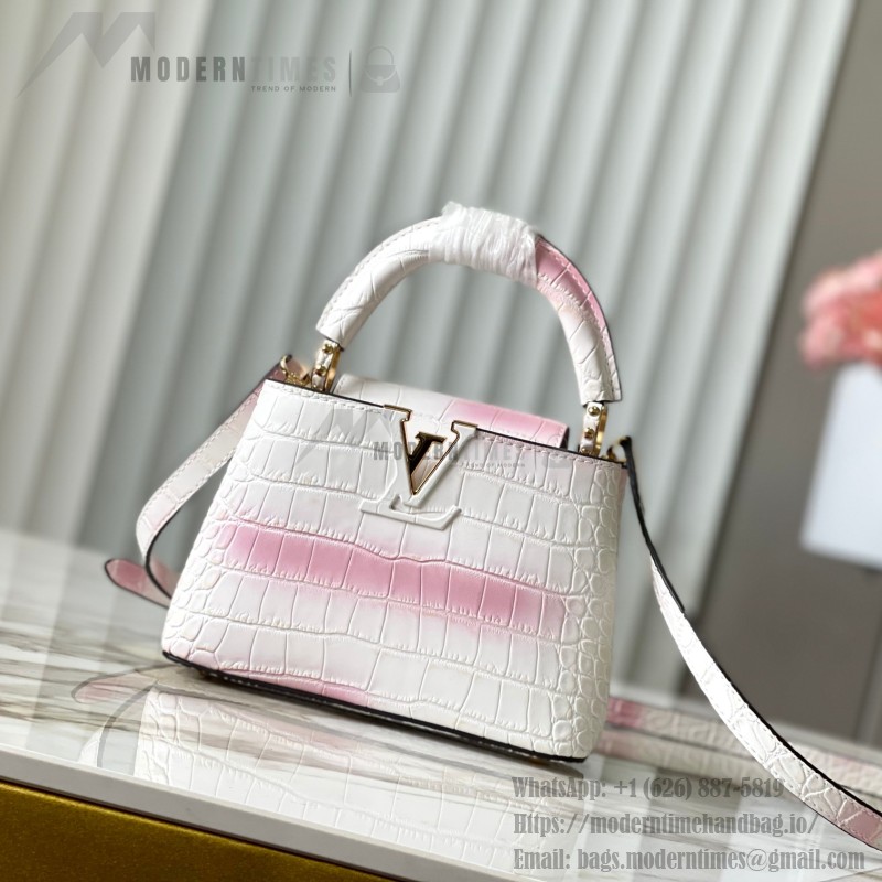 Louis Vuitton Capucines N93163 in White and Pink Crocodile Leather with Monogram Flower Pattern and Metallic Accents