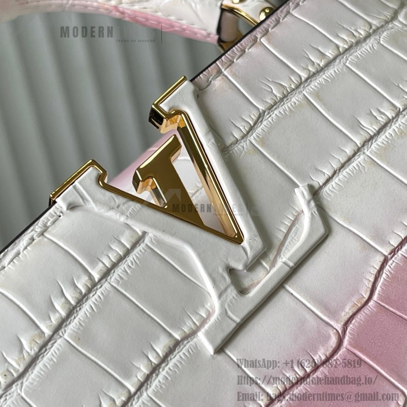 Louis Vuitton Capucines N93163 in White and Pink Crocodile Leather with Monogram Flower Pattern and Metallic Accents