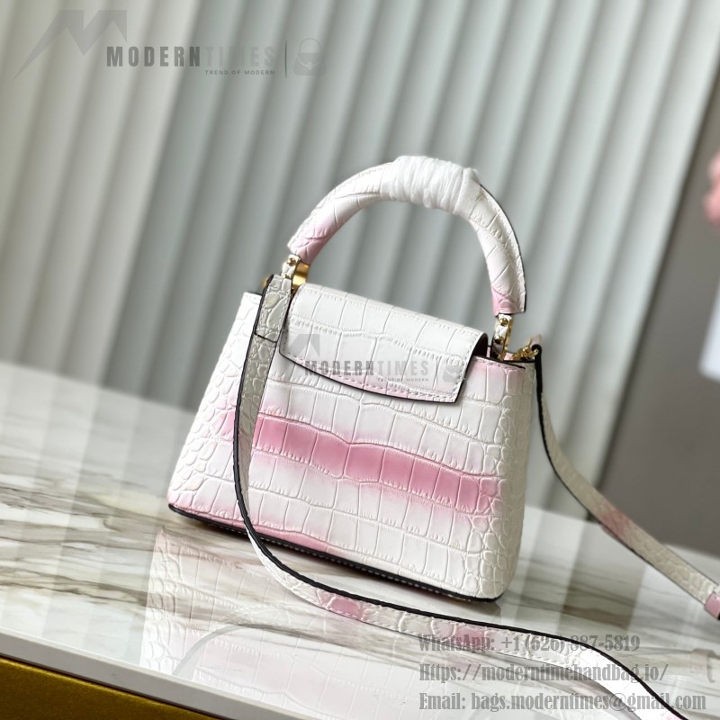 Louis Vuitton Capucines N93163 in White and Pink Crocodile Leather with Monogram Flower Pattern and Metallic Accents
