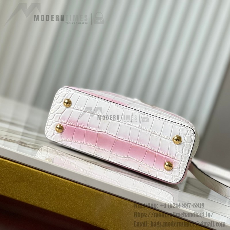 Louis Vuitton Capucines N93163 in White and Pink Crocodile Leather with Monogram Flower Pattern and Metallic Accents