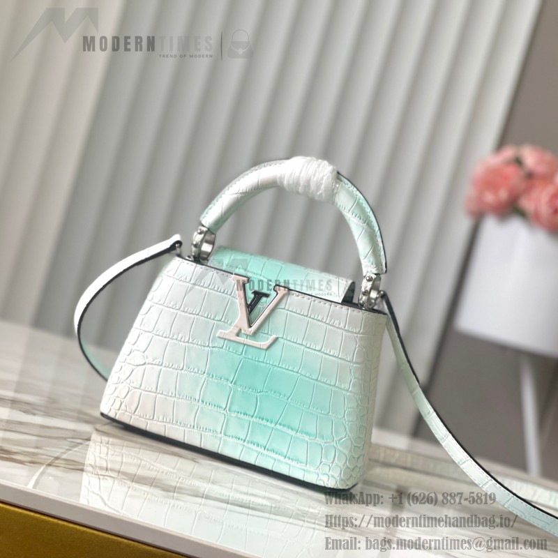 Louis Vuitton Capucines N93163 in White and Pink Crocodile Leather with Monogram Flower Pattern and Metallic Accents