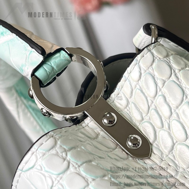 Louis Vuitton Capucines N93163 in White and Pink Crocodile Leather with Monogram Flower Pattern and Metallic Accents