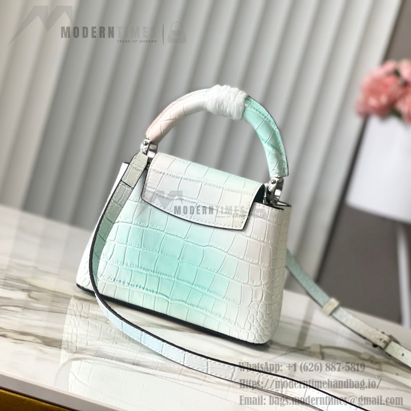 Louis Vuitton Capucines N93163 in White and Pink Crocodile Leather with Monogram Flower Pattern and Metallic Accents