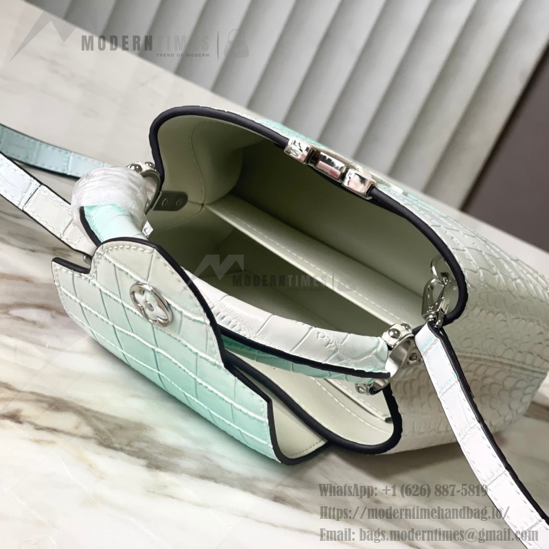 Louis Vuitton Capucines N93163 in White and Pink Crocodile Leather with Monogram Flower Pattern and Metallic Accents