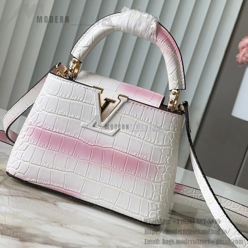Louis Vuitton Capucines N93163 in White and Pink Crocodile Leather with Monogram Flower Pattern and Metallic Accents