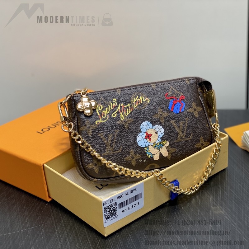 Louis Vuitton Mini Pochette Accessories M15328 with Vivienne Print, Monogram Canvas, and Chain Hook