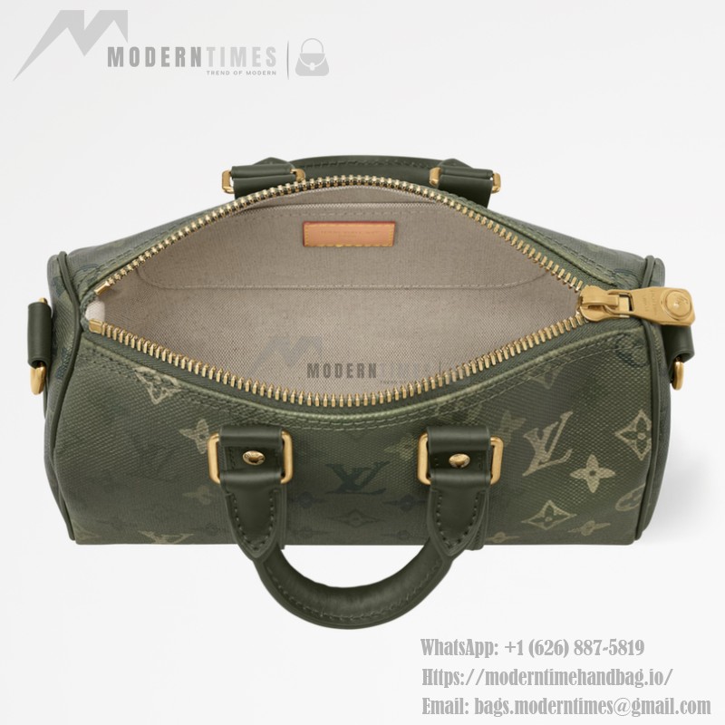 Louis Vuitton Keepall Bandoulière 25 Handbag in Army Green with Silk Print