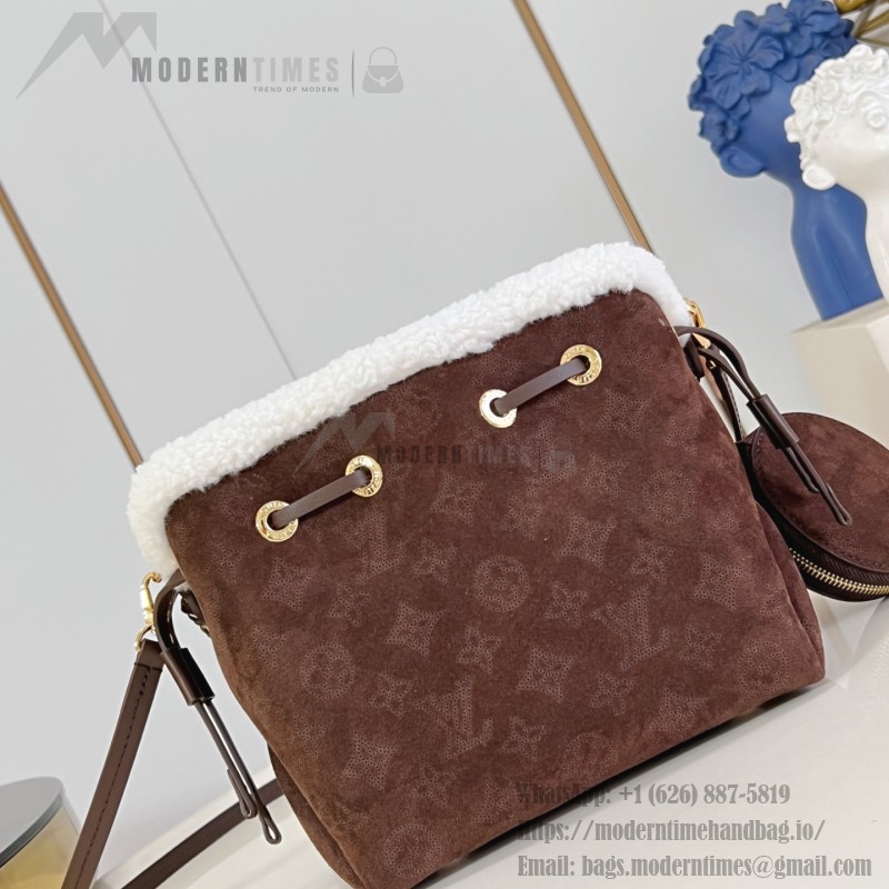 Louis Vuitton Bella M57068 Brown Plush Bag with Wool Trim and Monogram Perforation