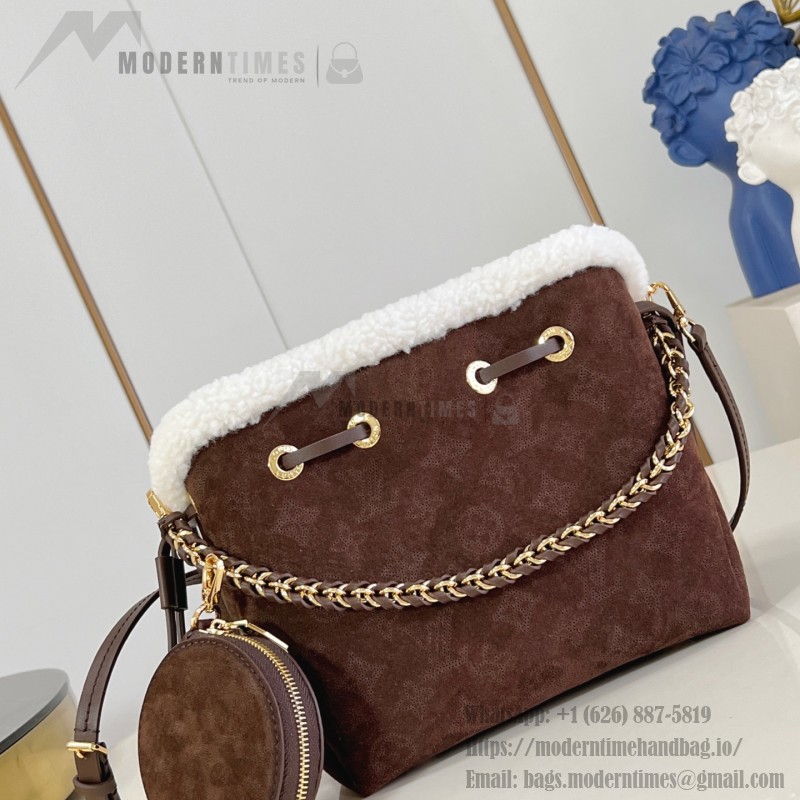 Louis Vuitton Bella M57068 Brown Plush Bag with Wool Trim and Monogram Perforation