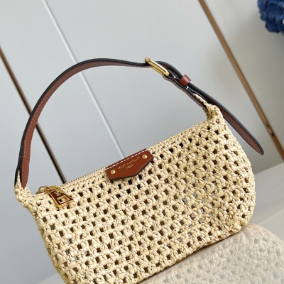 Louis Vuitton - Hills Pochette M14304 Raffia & Leather Clutch Adjustable Handle