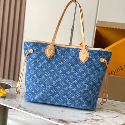 Louis Vuitton - Neverfull MM Denim Monogram Canvas with Leather Trim – Premium MB163c Chip Edition M13192