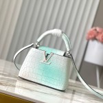 Louis Vuitton Capucines N93163 in White and Pink Crocodile Leather with Monogram Flower Pattern and Metallic Accents