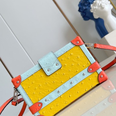 Louis Vuitton Petite Malle Bag M11312 Ostrich Leather with Colorful Puffy Trim