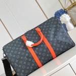 Louis Vuitton Keepall Bandoulière M15251 Monogram Eclipse with Orange Leather Replica Travel Bag