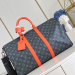 Louis Vuitton Keepall Bandoulière M15251 Monogram Eclipse with Orange Leather Replica Travel Bag