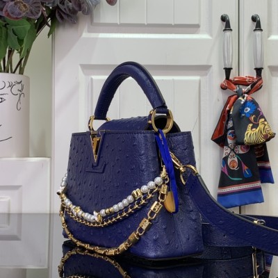 Louis Vuitton - Capucines Mini & BB Handbag M11908 Ostrich Embossed Leather with Pearl Chain