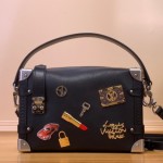 Louis Vuitton Side Trunk Medium Handbag M25568 in Black Leather with LV Stickers Design