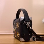 Louis Vuitton Side Trunk Medium Handbag M25568 in Black Leather with LV Stickers Design