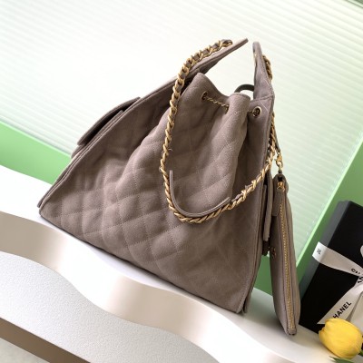 Chanel - 25K Vintage Gold Button Drawstring Bucket Bag AS5311 Brown Blue Green Suede Leather