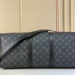 Louis Vuitton Keepall Bandoulière Travel Bag in Monogram Eclipse with Leather Handles and Padlock