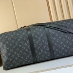 Louis Vuitton Keepall Bandoulière Travel Bag in Monogram Eclipse with Leather Handles and Padlock