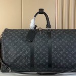 Louis Vuitton Keepall Bandoulière Travel Bag in Monogram Eclipse with Leather Handles and Padlock
