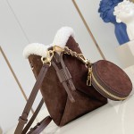 Louis Vuitton Bella M57068 Brown Plush Bag with Wool Trim and Monogram Perforation