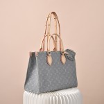 Louis Vuitton OnTheGo MM M13189 Gray Monogram Denim Tote Bag with Leather Trim