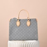 Louis Vuitton OnTheGo MM M13189 Gray Monogram Denim Tote Bag with Leather Trim