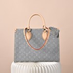 Louis Vuitton OnTheGo MM M13189 Gray Monogram Denim Tote Bag with Leather Trim