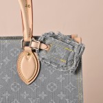 Louis Vuitton OnTheGo MM M13189 Gray Monogram Denim Tote Bag with Leather Trim