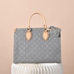 Louis Vuitton OnTheGo MM M13189 Gray Monogram Denim Tote Bag with Leather Trim