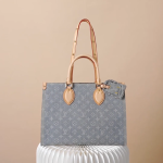 Louis Vuitton OnTheGo MM M13189 Gray Monogram Denim Tote Bag with Leather Trim