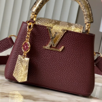 Louis Vuitton Capucines Bag in Burgundy with Golden Snake Handle and Monogram Chain